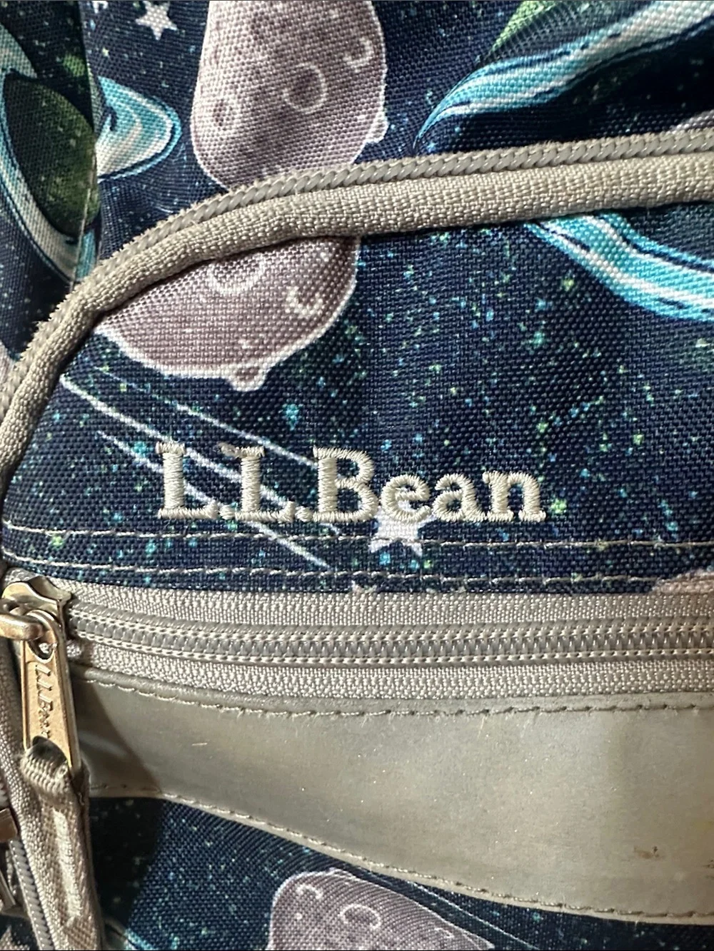 L.L. Bean Navy Backpack with Green and Gray Space Print